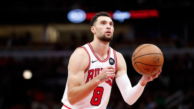 Nov 6, 2023; Chicago, Illinois, USA; Chicago Bulls guard Zach LaVine (8) shoots a free throw against the Utah Jazz during the second half at United Center.